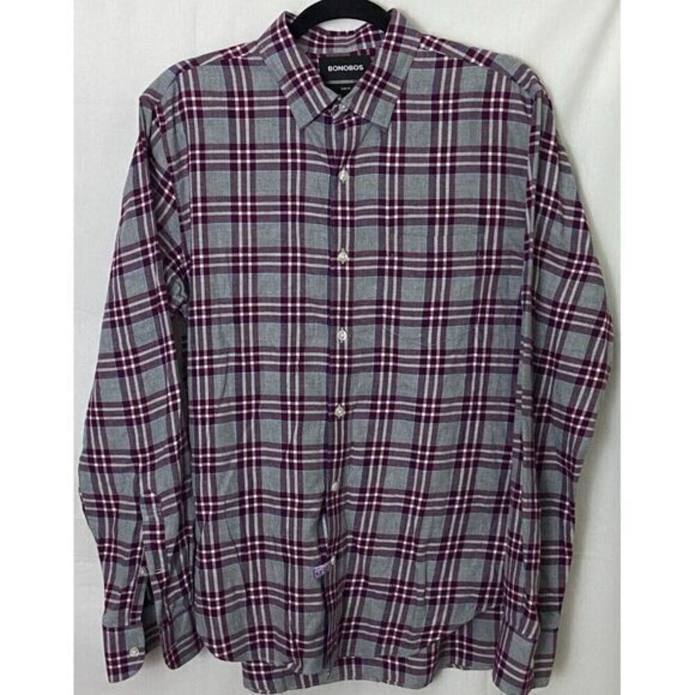 Bonobos‎ Mens Flannel Shirt Med Purple Gray Plaid Slim Lightweight Long Sleeve M